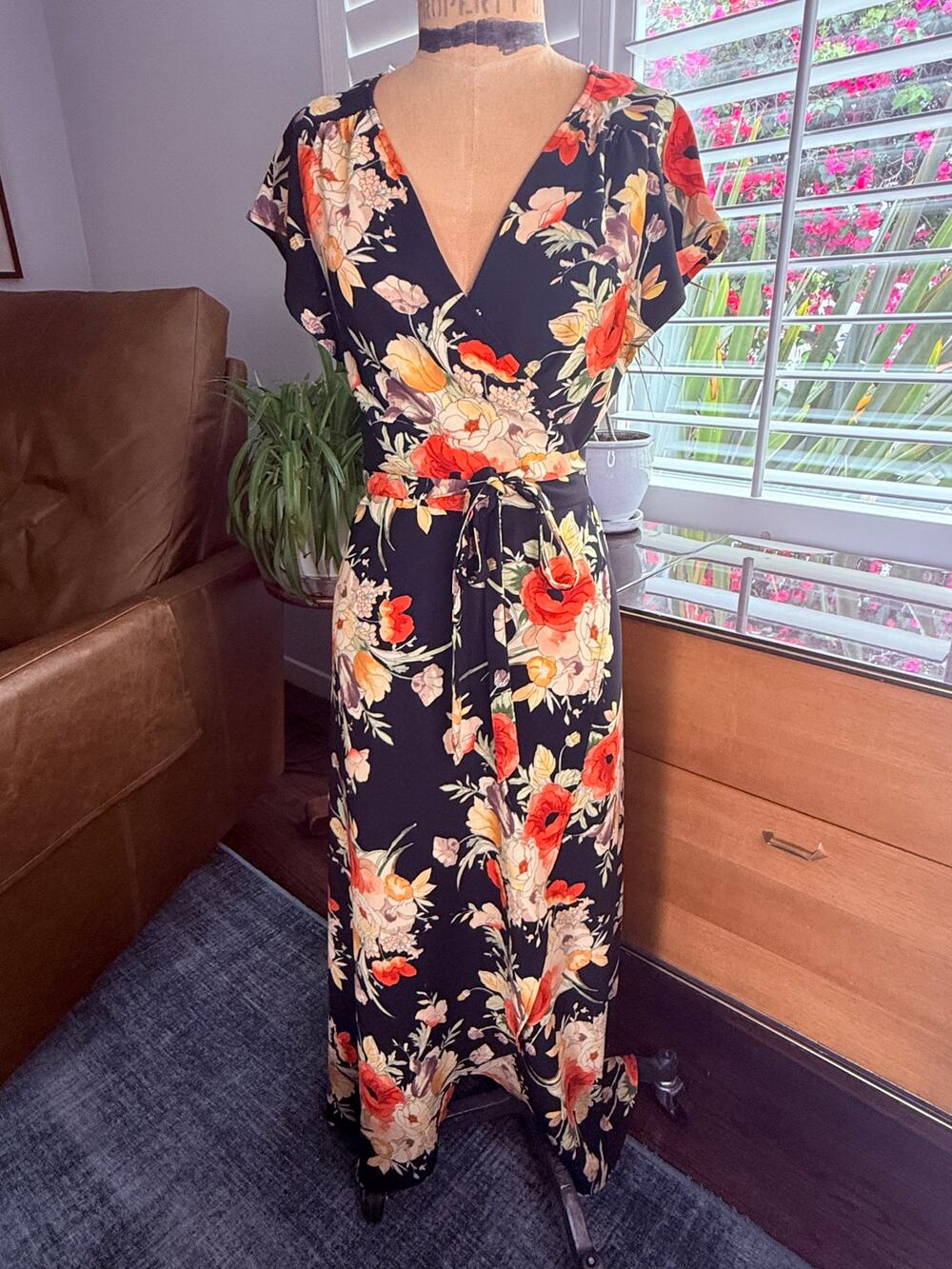 Sanctuary Floral Wrap Maxi Dress XS Black Poppy Print Flutter Sleeve